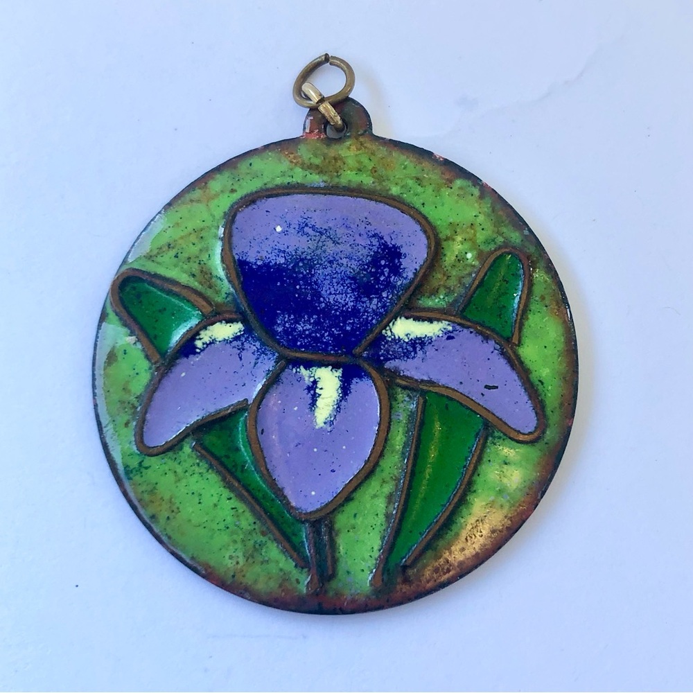 Purple Enamel Iris Floral Pendant in Green and Lavender Artisan - Picture 2 of 5